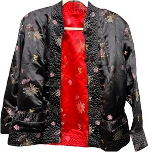 Vtg L Reversible Asian Oriental Jacket Coat Kimono Geisha Silky‎ Quilted Hems